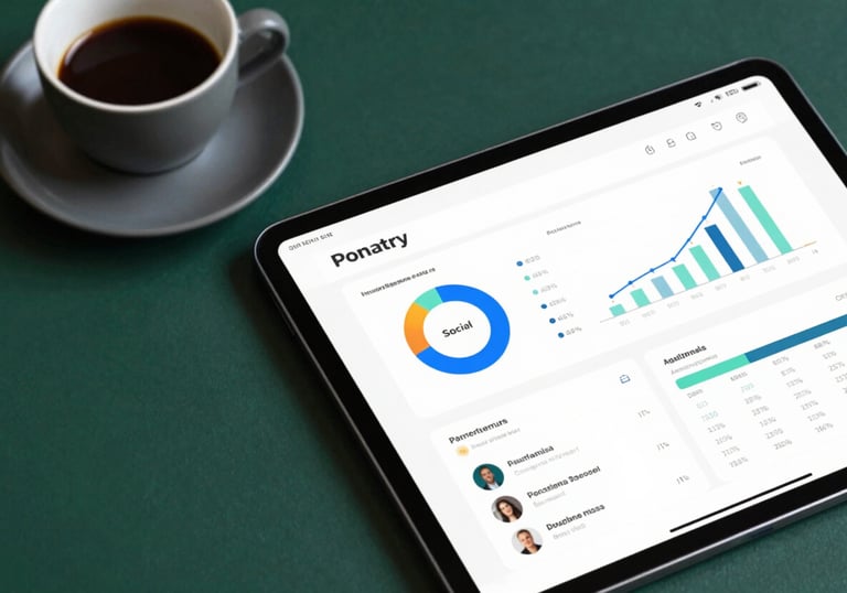 A top-down view of a professional tablet showing social media engagement charts, resting on a forest green tablecloth (#364536) next to a cup of espresso.