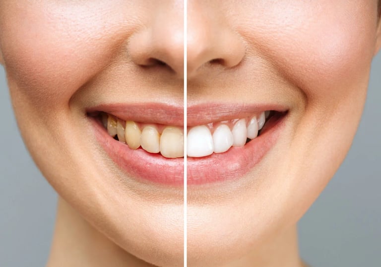 Una comparación de antes y después de un blanqueamiento dental, que muestra dientes amarillentos