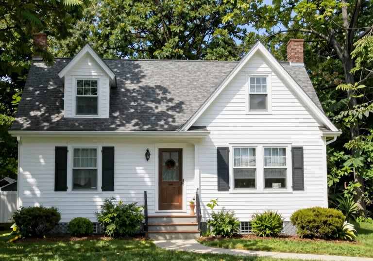 Charming white cottage house with dark shutters, a brown front door, and a well-maintained green lawn, surrounded by lush