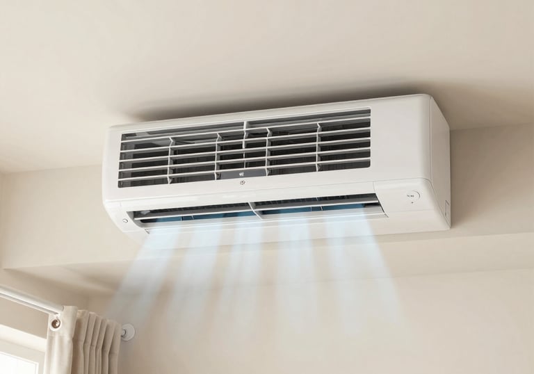 White wall-mounted air conditioner blowing cool air into a modern, light-filled room with a window and curtain.