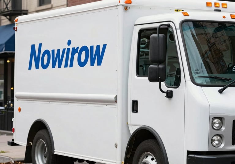 A clean, white professional service truck with the business name on it, parked on a residential New York street. North American / US urban setting.