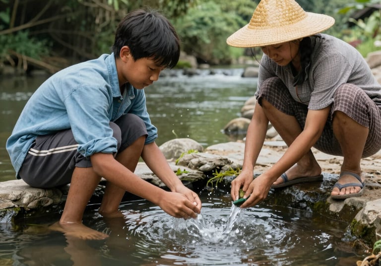 Elders sharing traditional ecological knowledge with a group of attentive community members outdoors.