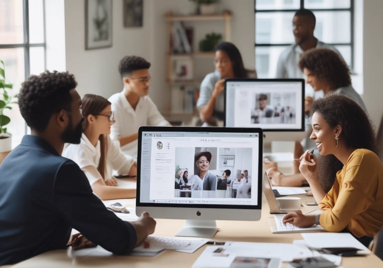 A creative team brainstorming ideas around a table with colorful notes and laptops.