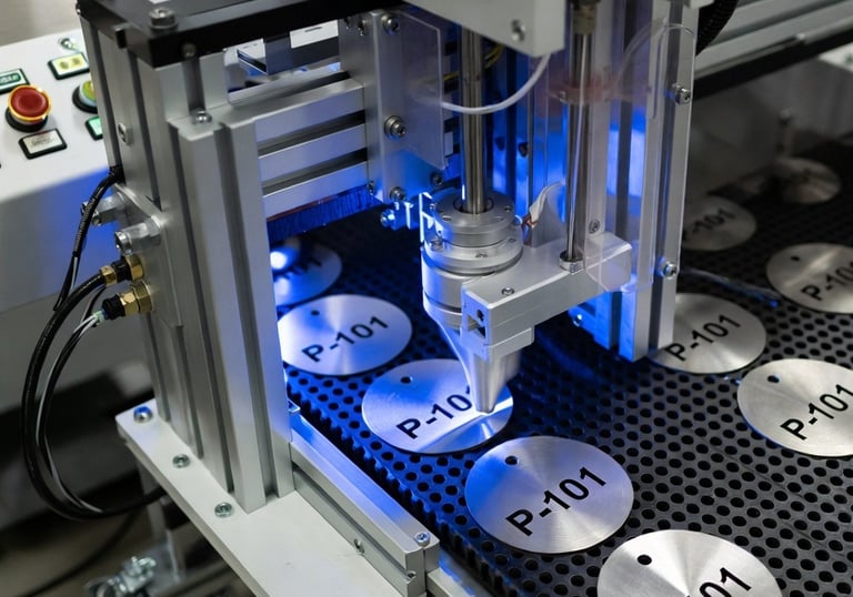 Precision fiber laser engraver marking stainless steel industrial tags on a production bed