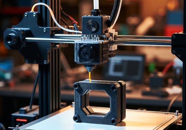 Desktop 3D printer creating a black plastic prototype on a heated build plate in a workshop.