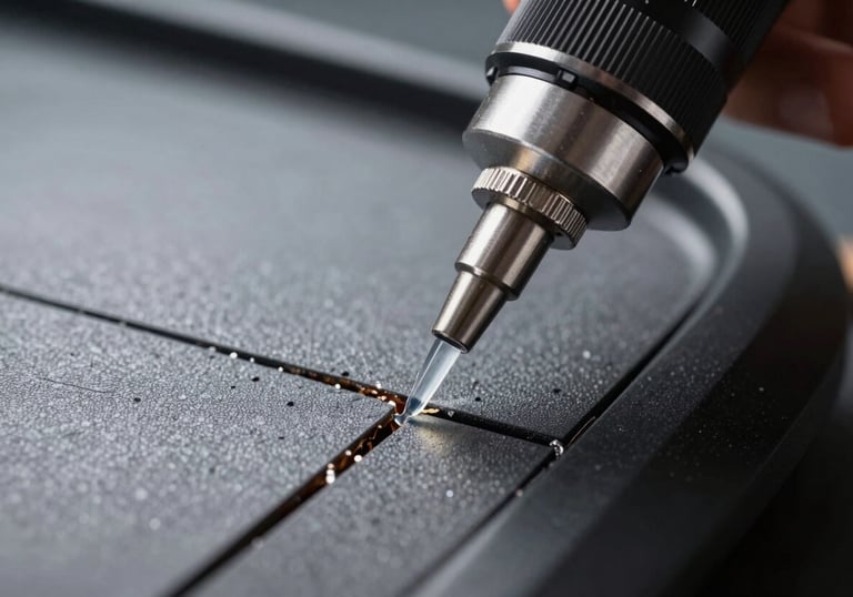 Macro photography of a precision tool injecting clear liquid resin into a small crack on a windshield, showcasing the technical skill and high-quality materials used.