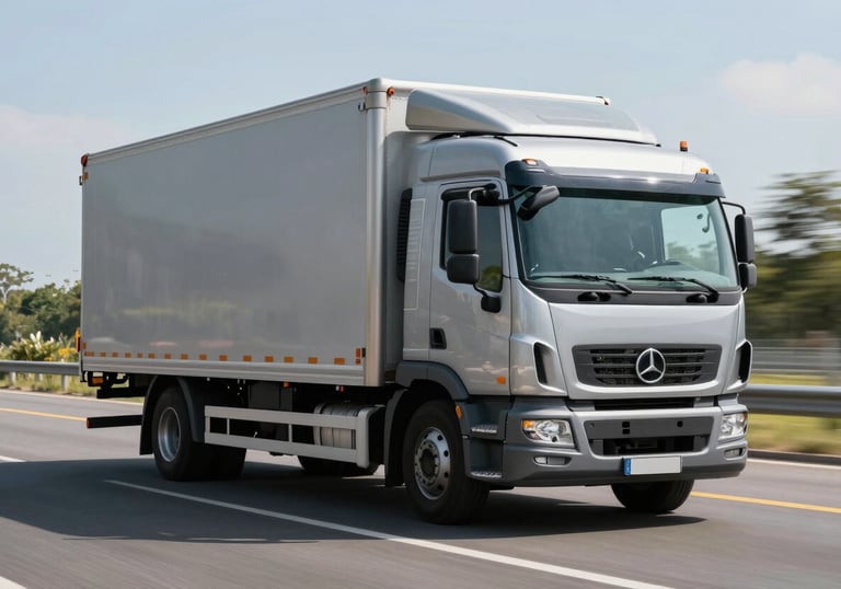 A high-quality photo of a Silver Grey delivery truck moving efficiently on a clean, modern highway during a sunny day.
