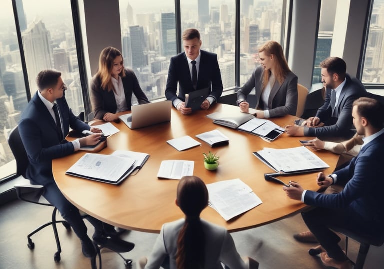 A professional team discussing property plans around a conference table.