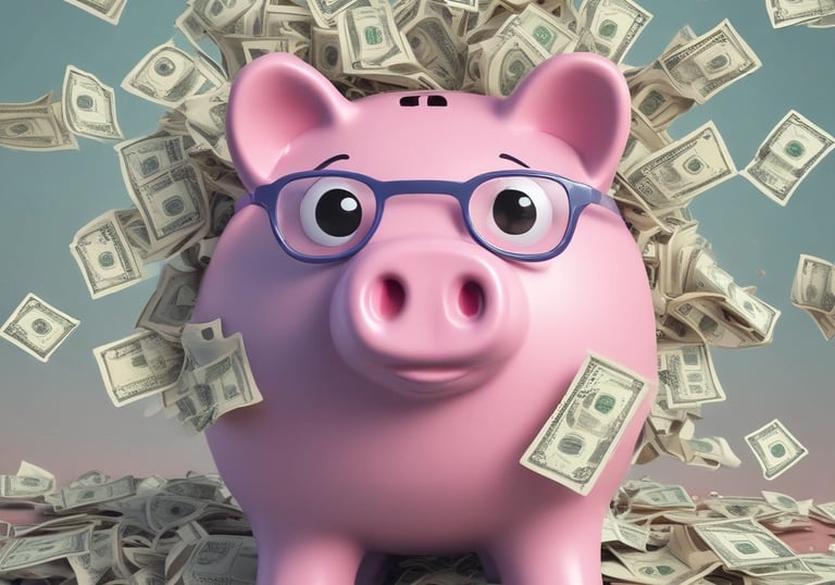 Cartoon image of a piggy bank wearing sunglasses surrounded by green dollar signs.