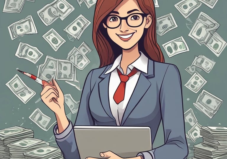 Cartoon-style illustration of a happy person stacking dollar bills with a big smile.