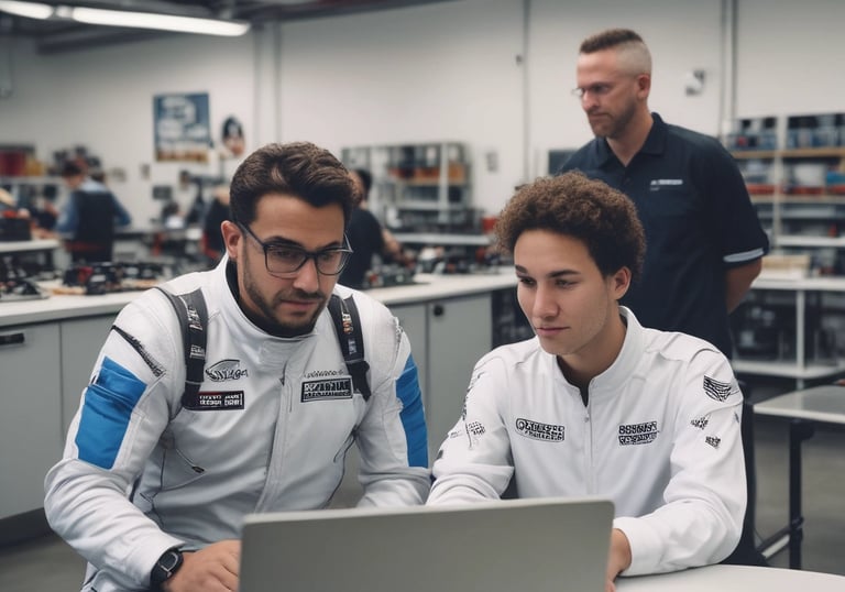 Race car speeding on track with telemetry data overlay graphics.