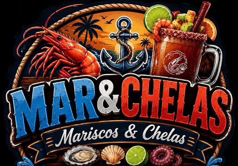 Logotipo de Mar & Chelas que presenta mariscos frescos, camarones, una michelada y un fondo de playa
