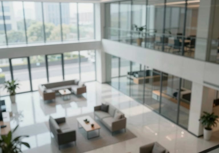 A high-angle shot of a sleek, glass-walled office lobby with modern furniture. The morning light reflects off polished surfaces. Professional, clean, and strategic commercial vibe.