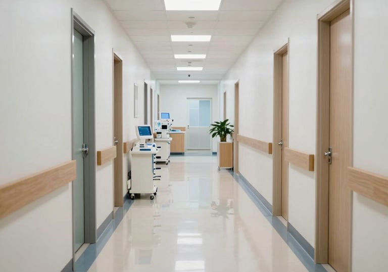 A wide shot of a gleaming, perfectly sanitized medical office corridor with polished floors and bright, clinical lighting, North American / US medical facility.