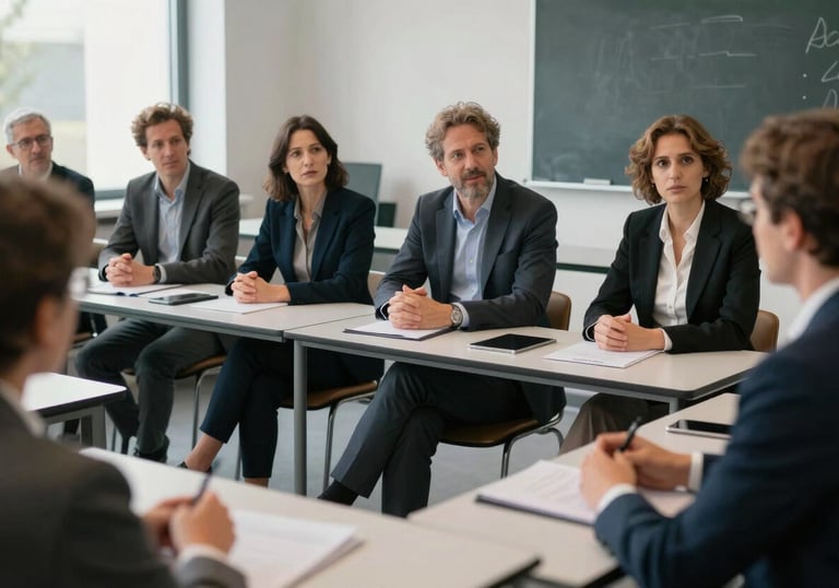 A group of professional adults in an elegant, modern classroom setting in Courbevoie, engaging in a lively discussion. European French context, professional attire, soft natural lighting.