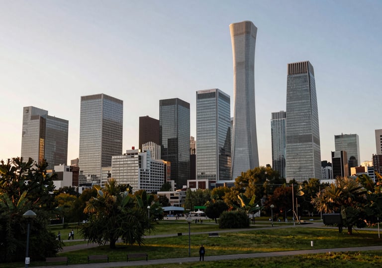 A professional view of the La Défense business district skyline as seen from a park in Courbevoie. Sunset lighting, modern and prestigious atmosphere.