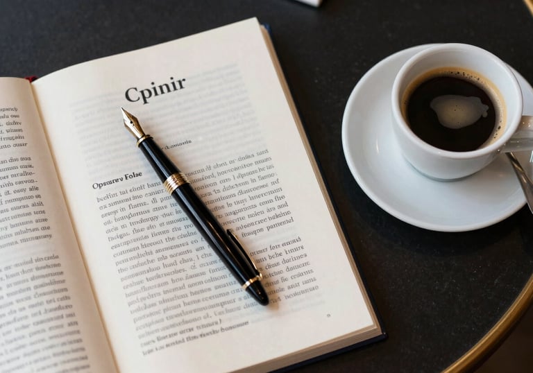 A top-down view of a stylish French cafe table in Courbevoie with a French grammar book, a designer fountain pen, and an espresso. Elegant and academic atmosphere.