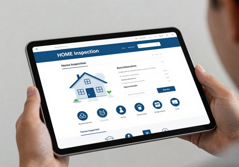 A clean, modern tablet displaying a professional home inspection report with clear diagrams and icons. Soft studio lighting with accents of #4B657B and #1A2C3C.