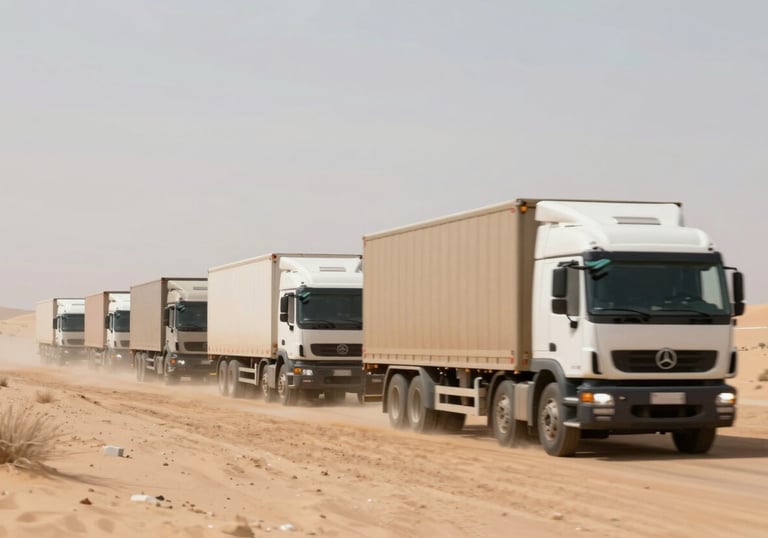 A fleet of logistics trucks moving in a perfect row through a clear desert landscape, captured with professional motion blur. Colors: #7E6D5D, #3C3C3B, and #F3EFEA.