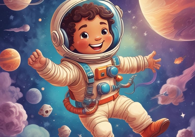A colorful scene of a child flying through space with cartoon planets and stars.