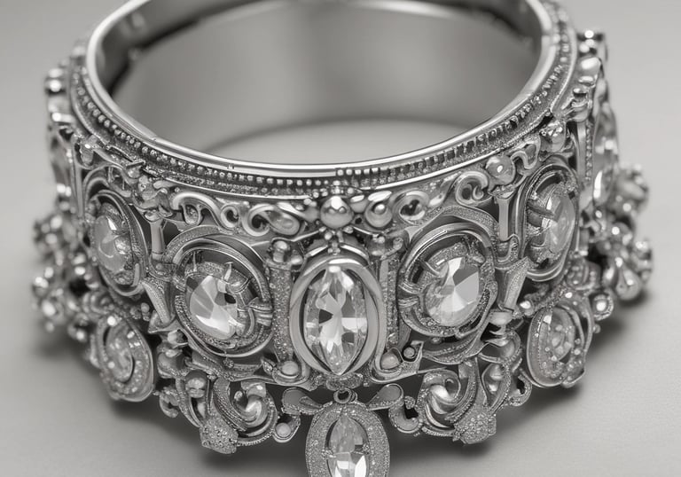 Shimmering silver bangles stacked neatly on a velvet cushion.