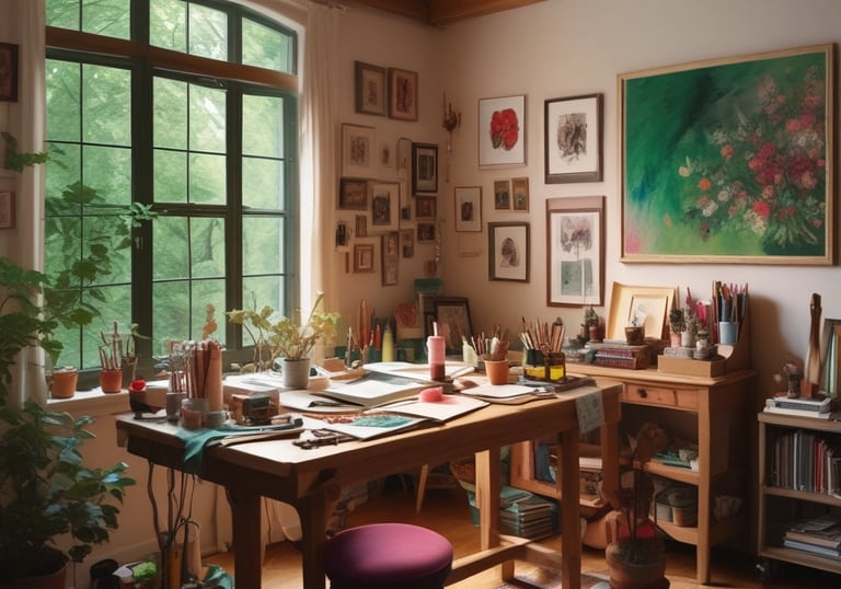 A serene creative workshop space with natural light and artistic tools arranged neatly.