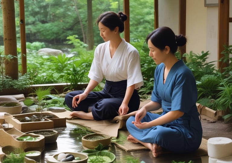 A cozy, elegant room with beige and emerald tones, decorated with subtle Mongolian and gypsy motifs.