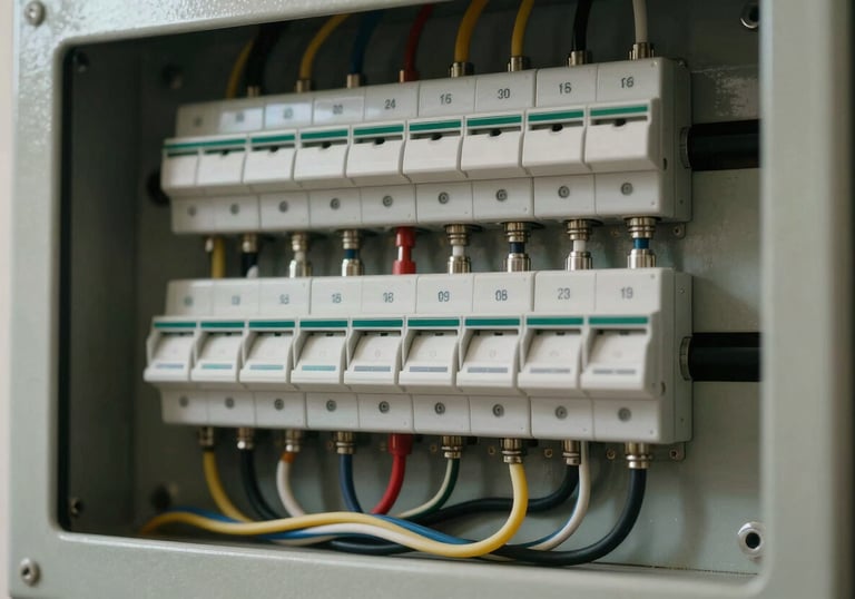 A close-up of an organized electrical panel with clearly labeled switches and clean wiring in a Southern European / Spanish property. Professional aesthetic.