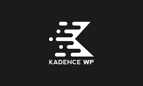 Kadence WP con una K estilizada en blanco y líneas de movimiento sobre un fondo negro