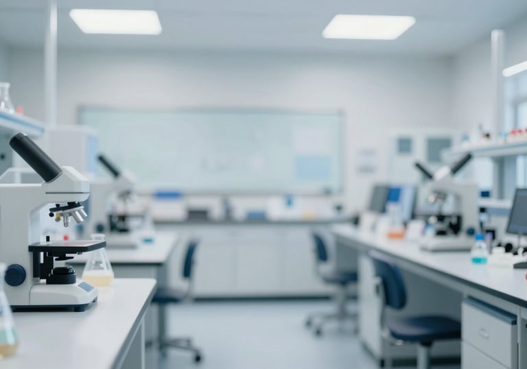 A bright and airy classroom or laboratory with advanced equipment, showcasing innovation in education and science. Soft lighting, premium #F8F9FC palette.