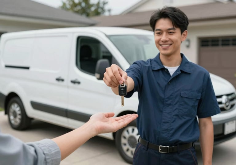A professional technician handing keys back to a satisfied customer in a modern North American driveway. A clean service van is visible in the background under soft natural lighting, symbolizing trust and convenience.