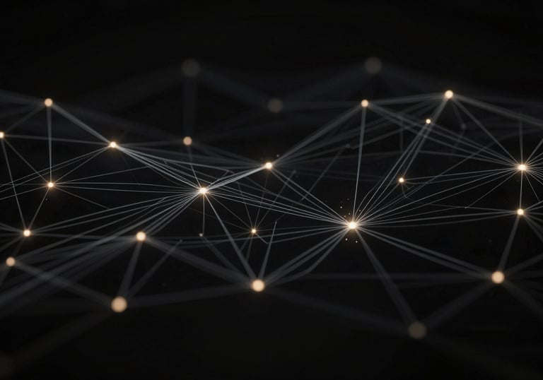 An abstract 3D visualization of data streams and neural networks in shades of black and dark gray with #FFFF00 sparks.