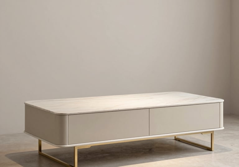 Close-up of a stylish wooden dining table set displayed in a showroom setting.