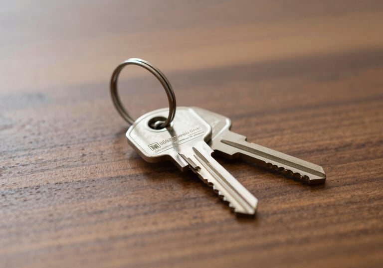 A pair of shiny silver house keys resting on a polished wooden table, softly lit to highlight textures, representing the successful acquisition of a new home.