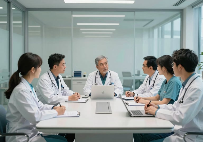 A wide shot of a collaborative medical team meeting in a bright, modern glass-walled conference room, North American hospital setting, with Pale Blue and Teal accents.