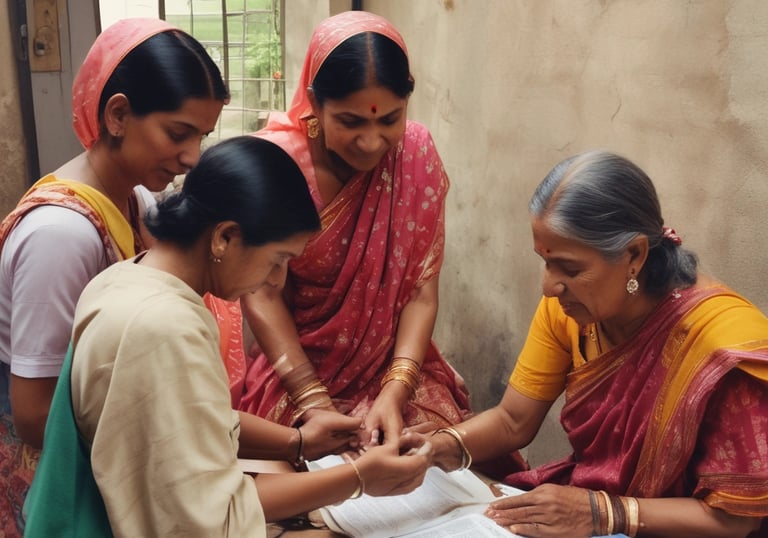 Volunteers conducting a health check-up camp in a rural village.