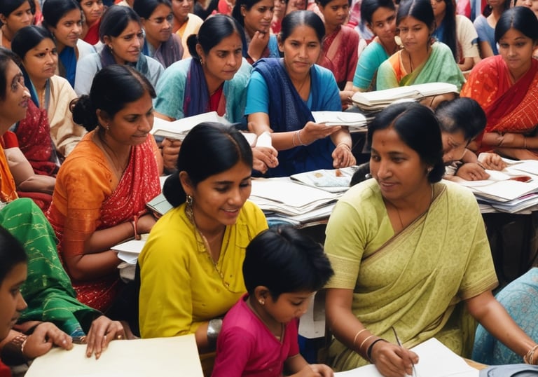 Women participating in a rural development training session outdoors.