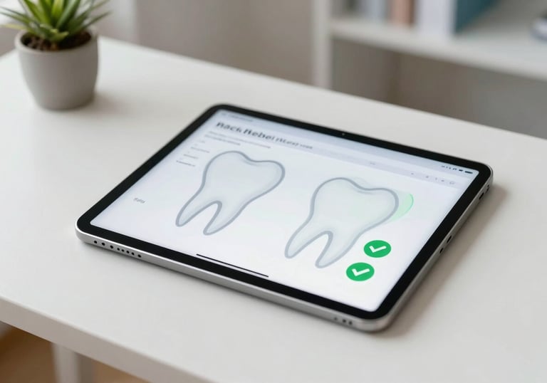 A digital report displayed on a tablet screen, showing a clean medical layout with tooth diagrams and green checkmarks. It's placed on a clean white table in a bright, airy home office.
