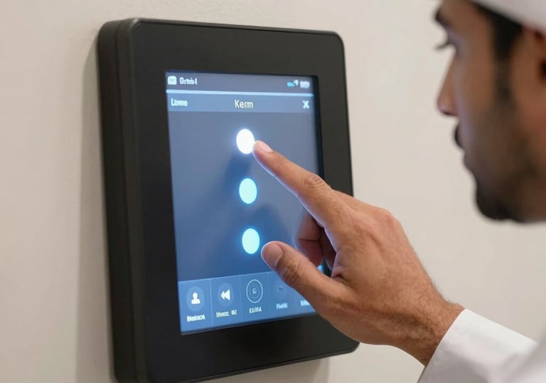 A close-up of a person's hand using a high-resolution touch panel on a wall in a Middle Eastern / Gulf setting, adjusting the lighting levels.