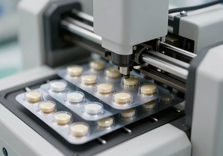 A close-up of pharmaceutical blister packs being processed by an automated machine, sharp focus, clean white and light grey color palette.