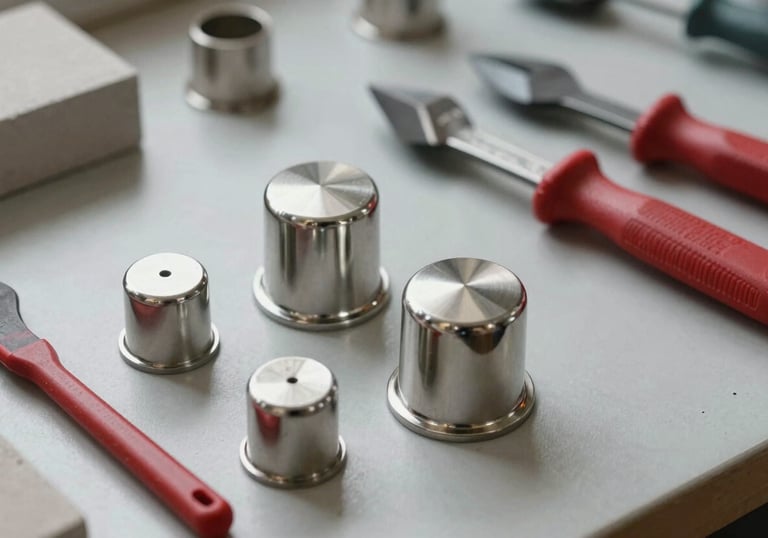Close-up of premium stainless steel chimney caps and high-grade masonry tools laid out on a clean workbench, in light gray and deep red colors.