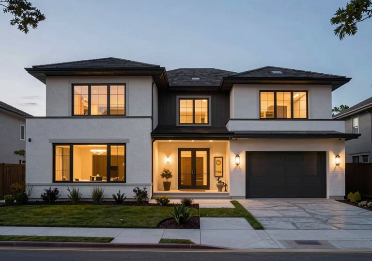 Exterior photography of a sleek, contemporary North American luxury home at twilight, featuring clean architectural lines and professional landscaping.