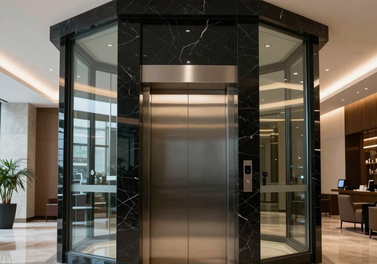 A wide-angle interior shot of a sophisticated, modern corporate lobby in India, featuring a glass-enclosed elevator with minimalist black marble accents.
