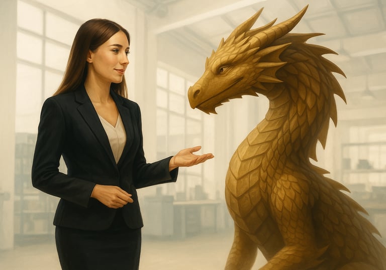 a dragon whispering advices and empowering a young dynamic business leader