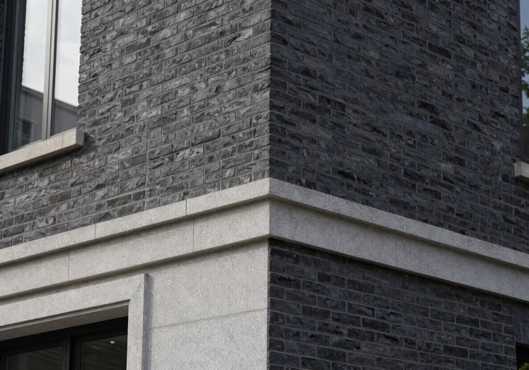 Architectural detail of high-quality Dark Charcoal brickwork and Light Grey stone finishes on a modern North American / US building exterior.