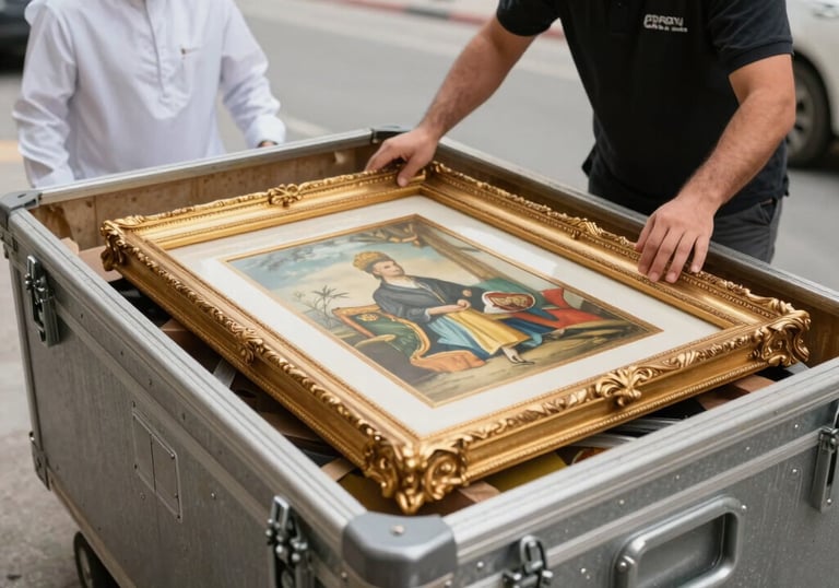 Careful transport of valuable gold-framed artwork in a specialized climate-controlled crate. A professional mover is visible in the background in a Middle Eastern / Gulf setting.