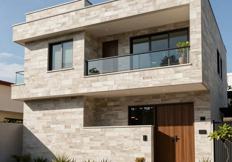 The exterior facade of a contemporary Brazilian home featuring high-quality masonry and clean architectural lines under a bright sun.