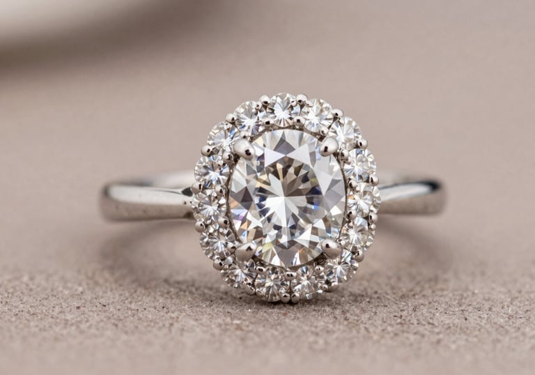 A close-up shot of an intricate platinum engagement ring with a halo of diamonds. The background is a soft taupe blur, focusing entirely on the brilliance of the stones.