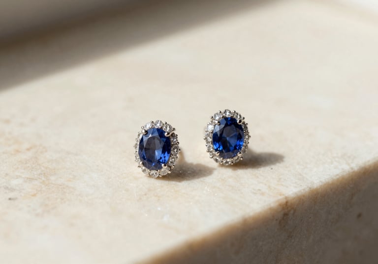 An elegant pair of sapphire and diamond earrings resting on a warm cream marble surface. The composition is clean and airy with soft, natural morning light.