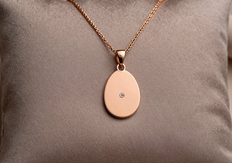 A minimalist photograph of a delicate rose gold pendant on a soft taupe silk cushion. The lighting is ethereal and soft, emphasizing the fine texture of the gold and the sparkle of a small inset diamond.